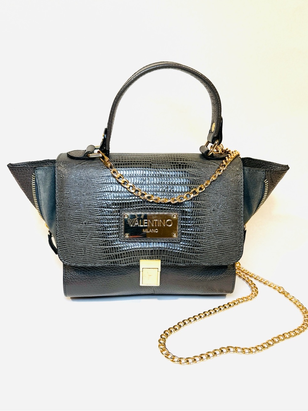Valentino by Mario Valentino Animal Embossed Pebbled Leather Top Handle Bag Grey